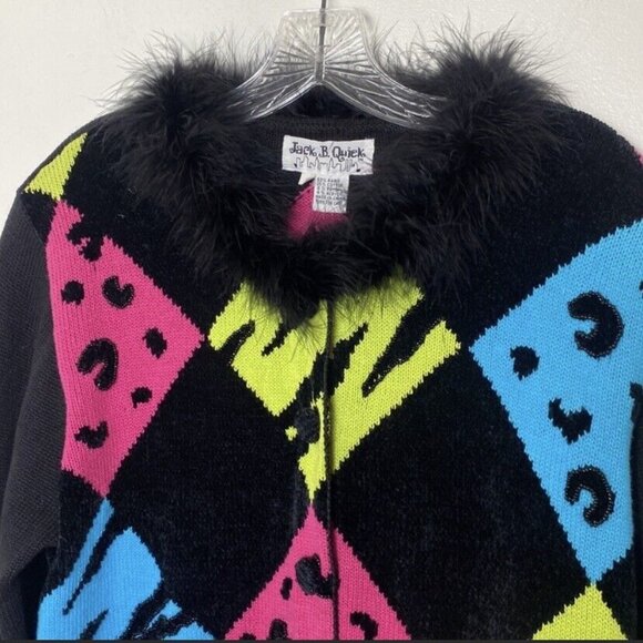 Jack B. Quick Womens 1X Sweater With Faux Fur Collar & Colorful Animal Print NWT - Picture 2 of 12